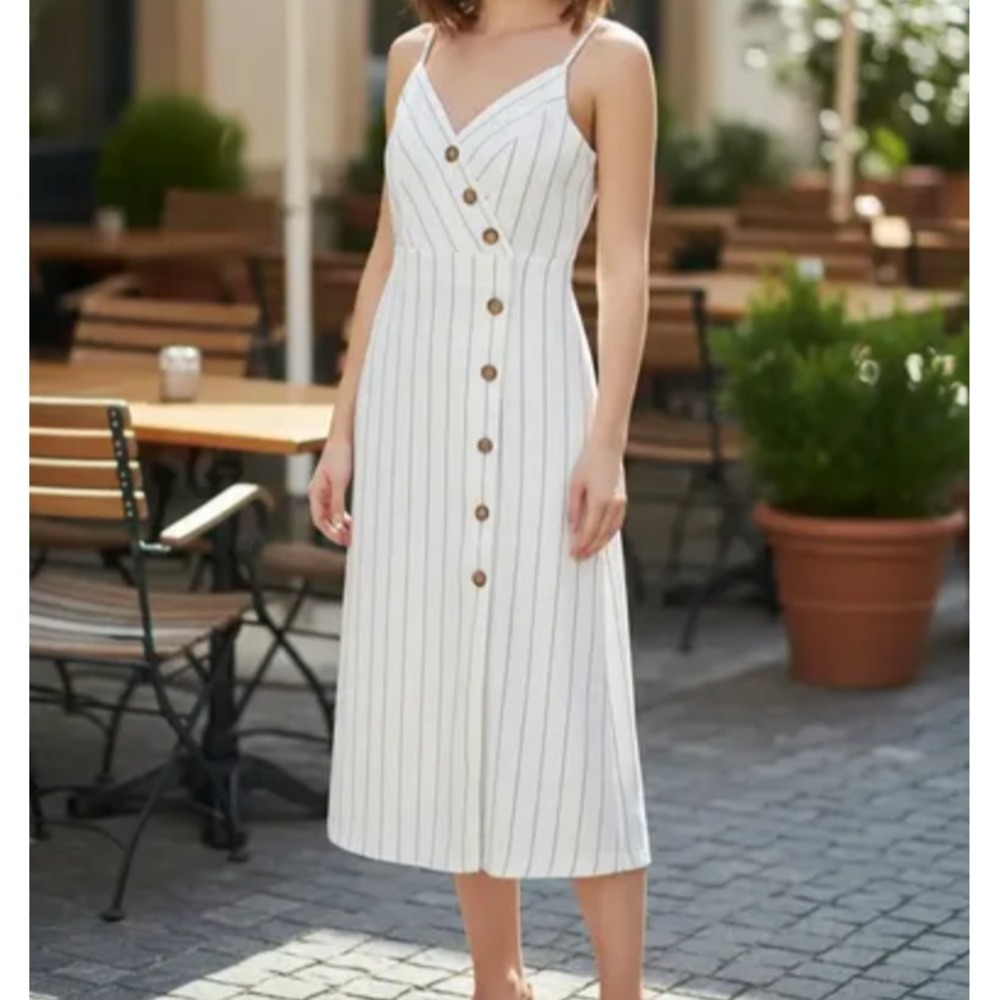 Linen Cotton Striped Button Front Midi Dress Medium Coastal Nautical Preppy